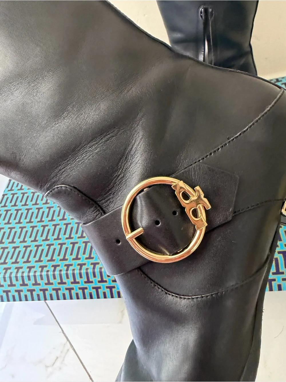 Tory Burch Black Leather Over-the-Knee Boots with Gold Buckle